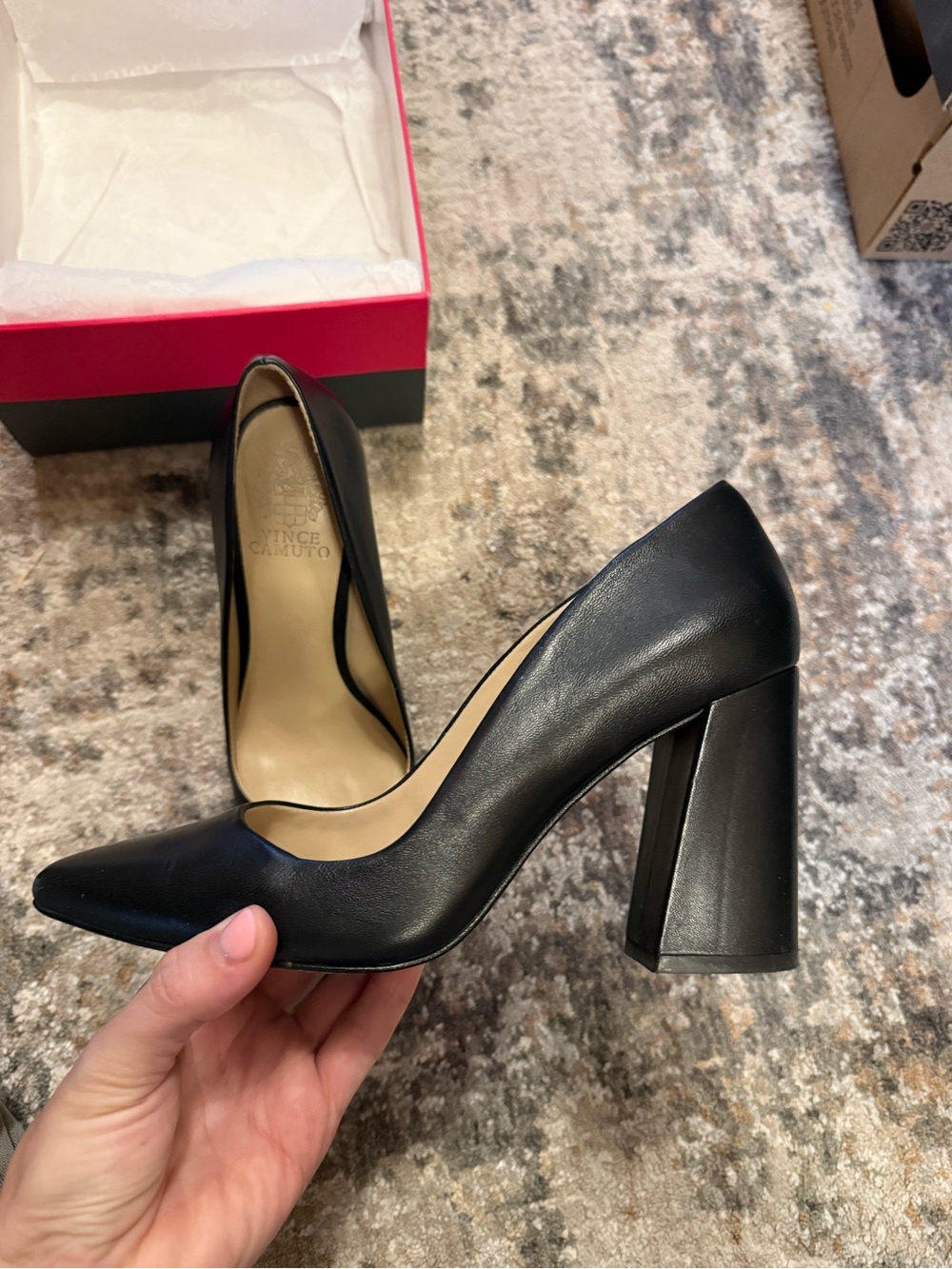 Vince Camuto Black Leather Pointed Block Heel Pump